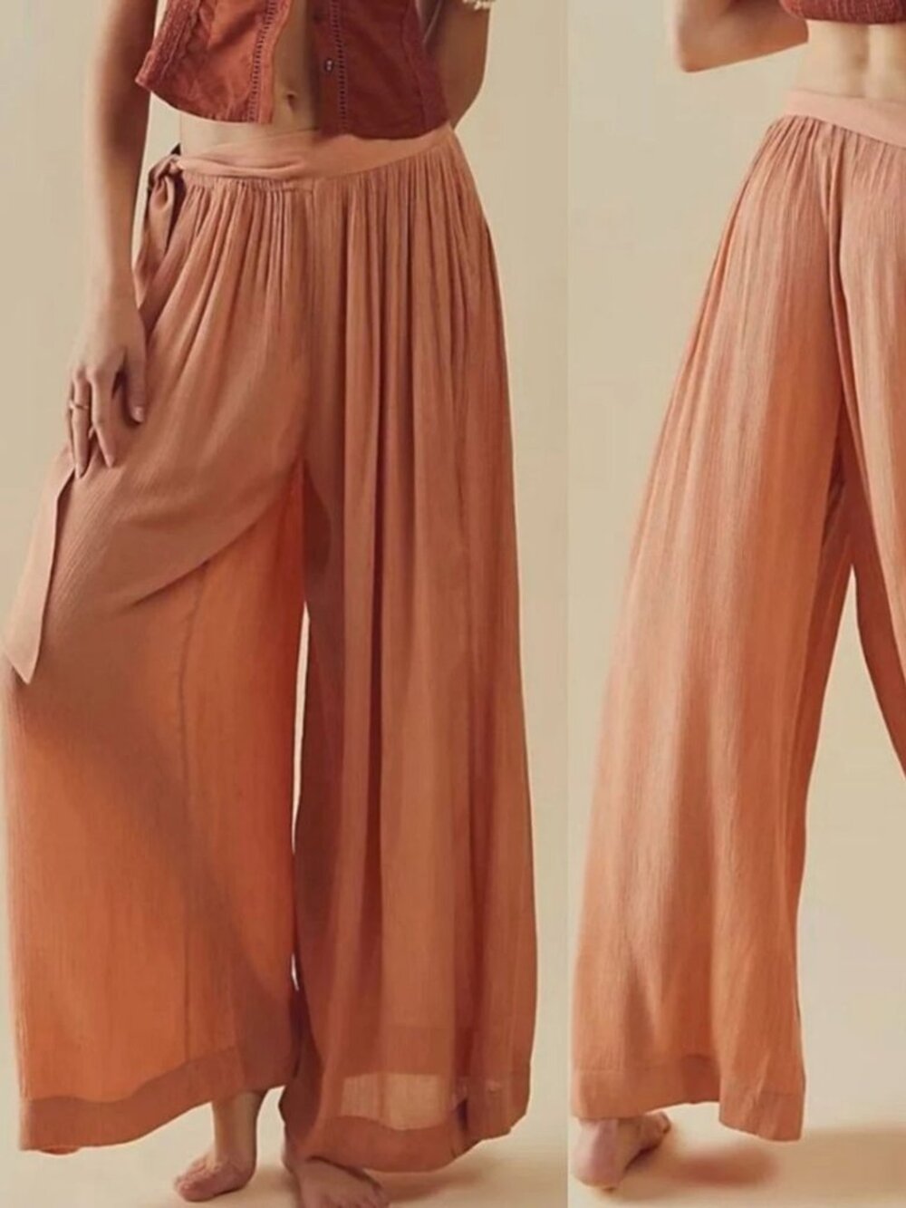 Free People Pants Womens M Coral Crinkle Wide Leg Palazzo Tie Waist Boho Flowy
